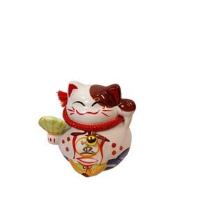 Asian Good Luck Maneki Neko Cat Holding Hand Fan Ceramic Piggy Bank 5"